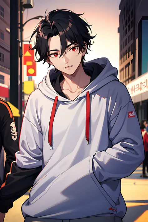 1 boy, handsome boy, black hair, coma hair, forehead coma hair, korean hair, street style, hoodie, shiny, red eyes, viewing view...