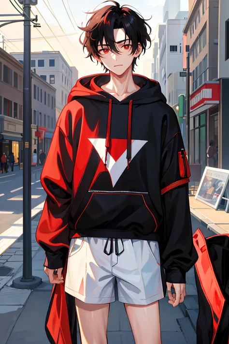 1 boy, handsome boy, black hair, comma hair, forehead comma hair, korean hair, street style, hoodie, white background, shiny, Red eyes, looking at viewer, upper body, fantasy world
,"A handsome boy with black hair, a distinctive comma hair and a Korean sty...