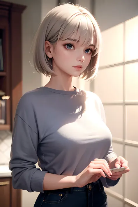 masterpiece, exquisite, 1 woman, upper body, gray hair, bright eyes, shirt,