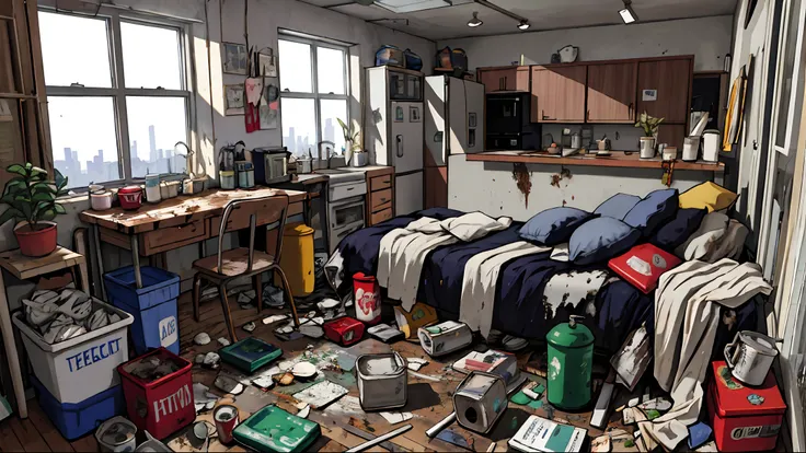 messy room, garbage, masterpiece, realistic, ultra detailed, absurdres, (dynamic lighting:1.2), no humans, indoor, city, apartme...