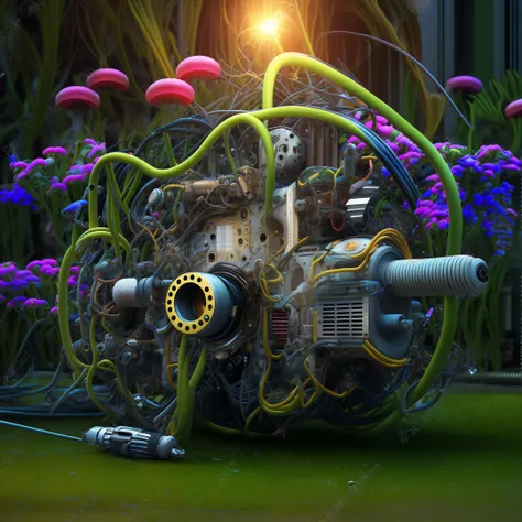Futuristic motorized lawn mower with big steampunk engine in the fantastic flowery garden, sunny charming rainy atmosphere, very detailed render
