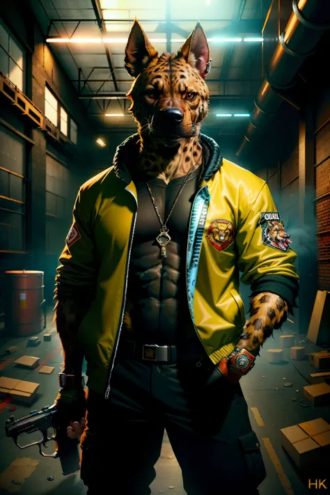 ((best quality)), ((ultradetailed)), ((masterpiece)), photograph, scene: spacious abandoned warehouse, theme: anthropomorphic animal mafia, character: hyena, appearance: wearing a windbreaker, holding a submachine gun and firing, other scene elements: training targets behind the character, perspective: realistic style, resolution: 4K.