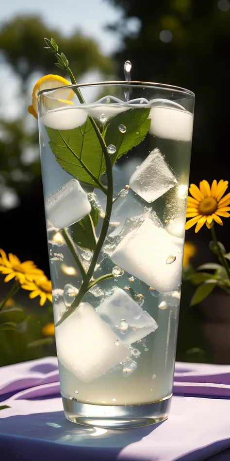 a glass with drops of water filled with carbonated drinks, translucent liquid, ice cubes, bubbles, a floral crown of daisies and...