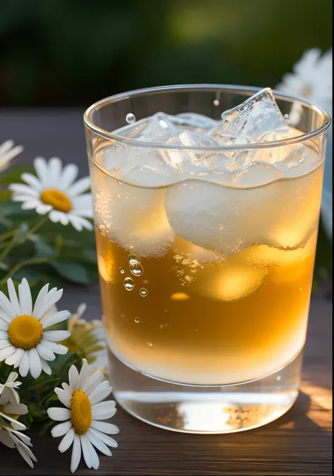 a glass with drops of water filled with carbonated drinks, translucent liquid, ice cubes, bubbles, a floral crown of daisies and...