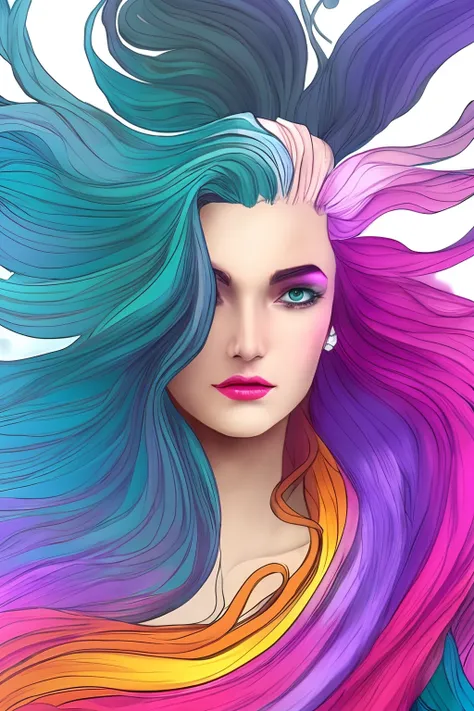 tarot style, 1girl, male_focus, collarbone, portrait, digital illustration, flowing hair, glowing rainbow hair, night, pastel, l...