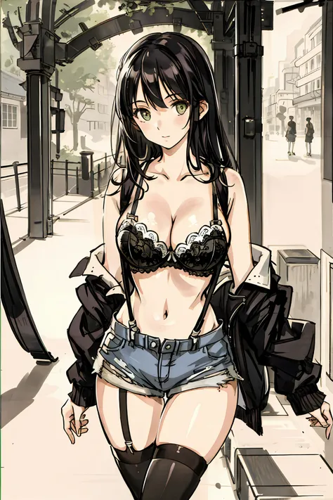 ((best quality, high resolution, unique image)), girl, big breasts, bra (no suspenders), tight shorts detailed background