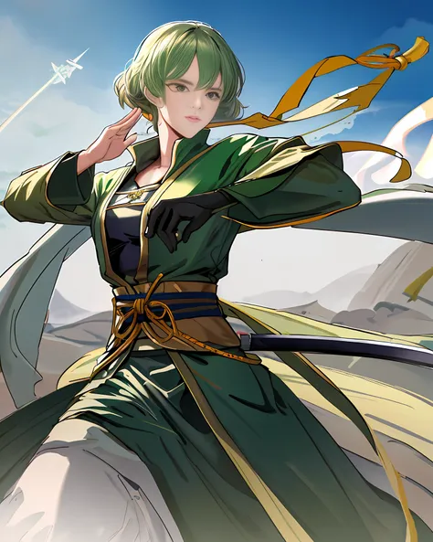 Knowing martial arts, a chivalrous woman in a green dress, flying with a sword, long legs, top quality, masterpiece, high resolution, beauty,