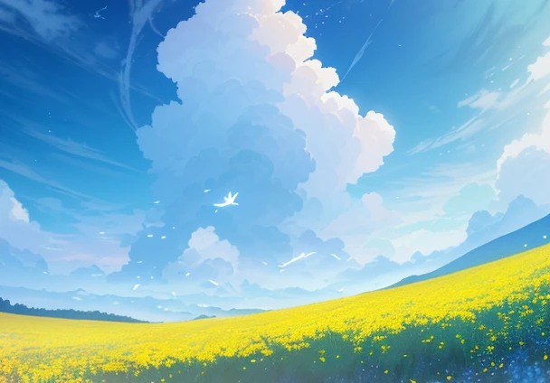 Masterpiece, best quality, (very detailed CG unity 8k wallpapers), (best quality), (best illustrations), in the forest, blue sky, cumulus, wind, There are many scattered luminous petals, Many scattered leaves, branch, landscape, many flying birds, beautifu...