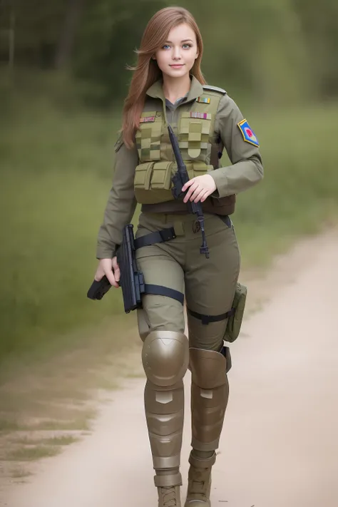 Best quality, masterpiece, super high resolution, realistic, 1girl, gorgeous Russian girl, 23 years old, beautiful, smiling, looking at viewer, brown hair, blue eyes, sexy female military uniform, slim, full body, original photo, Wagner mercenary, Ukraine,...