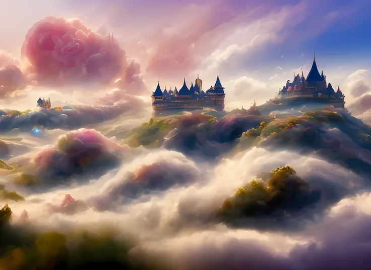 a discodifland with swirling clouds and flowers, (sky rose fantasy castle), (ridiculous), dreamy, disney, painted by thomas kinc...