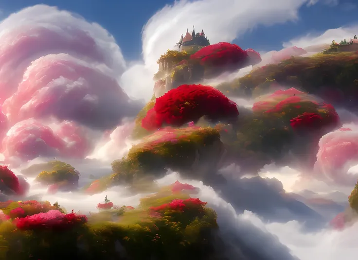 a discodifland with swirling clouds and flowers, (sky rose fantasy castle), (red roses), (ridiculous), dreamy, disney, painted b...