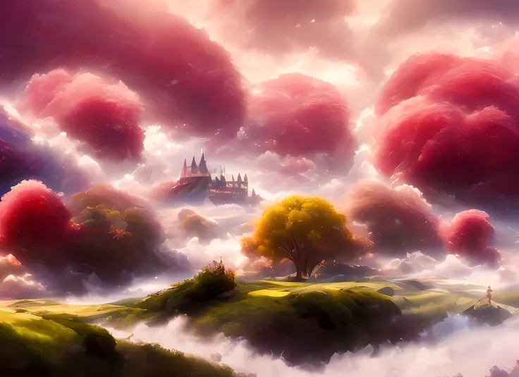 a discodifland with swirling clouds and flowers, (sky rose fantasy castle), (red roses), (ridiculous), dreamy, disney, painted b...