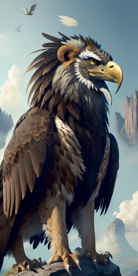 griffin on a rock, huge claws, against a mountain, scary beautiful, (( beautifully detailed griffin)) (extremely detailed cg uni...