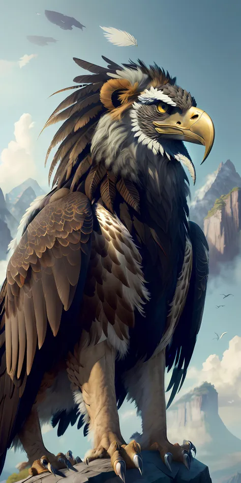 griffin on a rock, huge claws, against a mountain, scary beautiful, (( beautifully detailed griffin)) (extremely detailed cg uni...