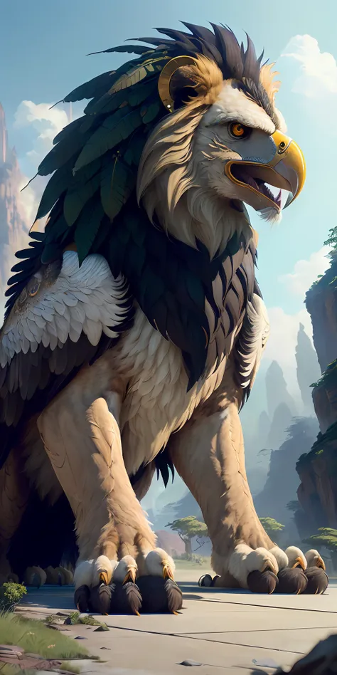 huge wings, eagle head, ( (huge curved beak)), lion body, lion mane, four legs, wings on the back, ((huge spread wings)), scary ...