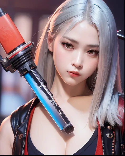 (masterpiece), close up of a woman holding a sword with red light, cyberpunk samurai very beautiful, liquid rainbow white hair, video game character katana zero, she is holding a katana sword, digital painting rossdraw, iu lee ji-eun as supervillain, ig mo...