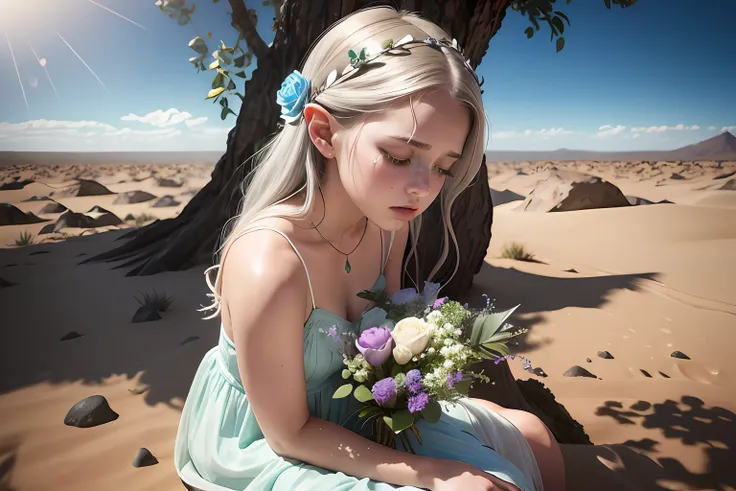 (dirt sprinkled face), (holding a flower), From above, look up, wide angle, 8k, RAW photo, realistic, photo-realistic, hyper-realistic, highest quality, best quality, masterpiece, highly detailed, absurdres:1.2), 1 elven child, 1 girl, fairy, fantasy, sitt...