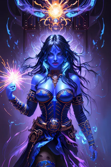 (begin style: (cinematic, ultra-detailed, best quality, strong lighting, illustration, 16k)), ((blu skin:1.5)), 1 woman, long hair, blue hair, (purples eyes), ((necromancer, medium shot, terrifying, intricate),(dramatic), ((Color Blast)), ((oil painting)))...