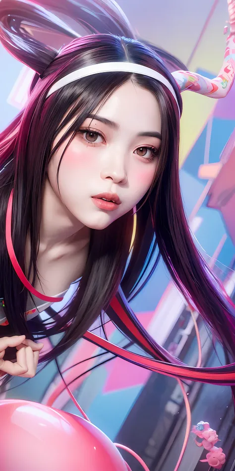 a half body of a person with a headband on, digital art inspired by Yanjun Cheng, tumblr, digital art, vibrant fan art, lofi portrait, artwork in the style of guweiz, neo vaporwave, colorful digital painting, cyber aesthetic, portrait of kpop idol, yanjun ...