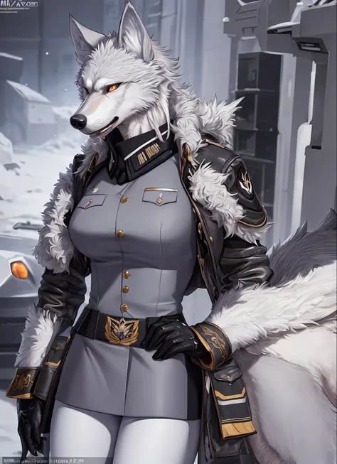 Masterpiece, realistic, best quality, ((finely detailed wolf)), (very detailed CG unity 8k wallpaper), professional artwork, Furry, Prussian, military uniform, German, 1girl, gorgeous military Prussian uniform, wolf, humanoid, sci-fi, 1980s, 1980s tanks,