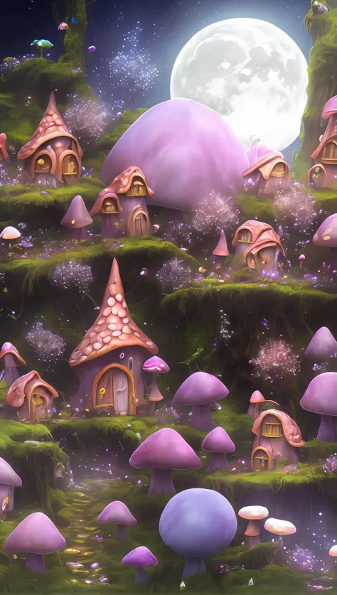 mdjrny-v4 style original, masterpiece, dream light, fantasy, fairy, mushroom houses, little fairy village made out of mushrooms,...