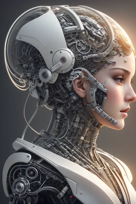 complex 3d render ultra detailed of a beautiful porcelain profile woman android face, cyborg, robotic parts, 150 mm, beautiful studio soft light, rim light, vibrant details, luxurious cyberpunk, lace, hyperrealistic, anatomical, facial muscles, cable electric wires, microchip, elegant, beautiful background, octane render, H. R. Giger style, 8k, best quality, masterpiece, illustration, an extremely delicate and beautiful, extremely detailed ,CG ,unity ,wallpaper, (realistic, photo-realistic:1.37),Amazing, finely detail, masterpiece,best quality,official art, extremely detailed CG unity 8k wallpaper, absurdres, incredibly absurdres, robot, silver halmet, full body, sitting