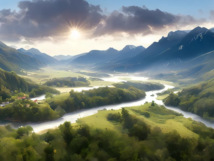 A wide valley surrounded by green meadows surrounded by verdant peaks. The Tuotuo stream gurgles through the grass, and its surface reflects the surrounding scenery like a mirror. On both sides of the stream, stone-paved paths stretch upwards, with fragran...
