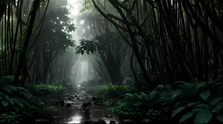 jungle, heavy rainfall, monochrome, vines everywhere, huge wet trees, masterpiece, best quality, high quality, very detailed cg ...