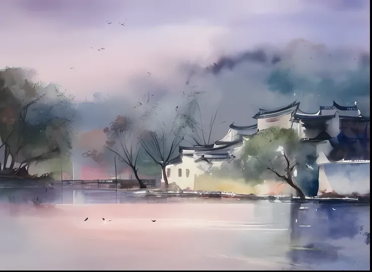 Watercolor painting, Jiangnan architecture, countryside, lake water, ducks, hazy fog, dreamy colors,