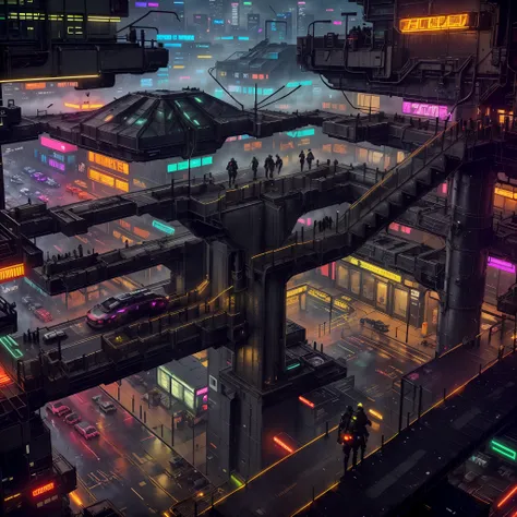 create a photo-realistic image of a cyberpunk city at night. the main focus of the image should be the dense and complex multi-l...