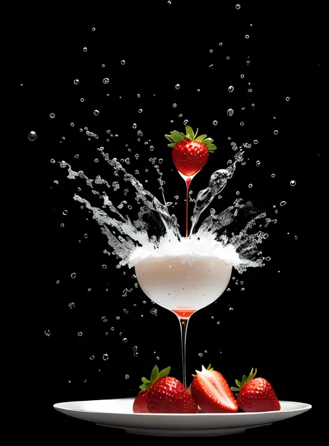araffe splashes into a cup of fruit on a plate of strawberries, photorealistic painting by Alexey Venetsianov, Shutterstock winner, photorealism, amazing food photography, 4k food photography, 4k food photography, high speed photography, slow motion, ultra...