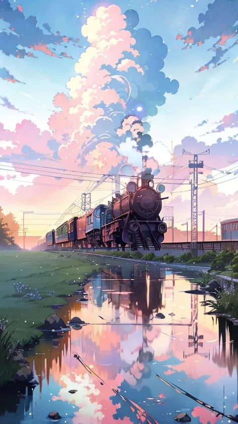 Anime train on tracks through body of water, image by Makoto Shinkai, pixiv, concept art, lofi art style, reflection. Enhanced detail, perfect picture quality. by makoto shinkai, lofi art, beautiful anime scenes, anime scenery, detailed scenery—width 672, ...
