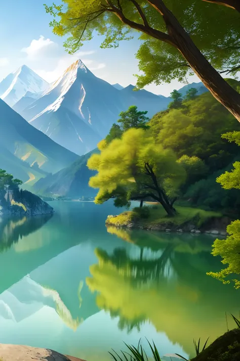 a beautiful chinese mountain and lake, (masterpiece), (portrait), (raw photo), (highly detailed cg unity 8k wallpaper) intricate...