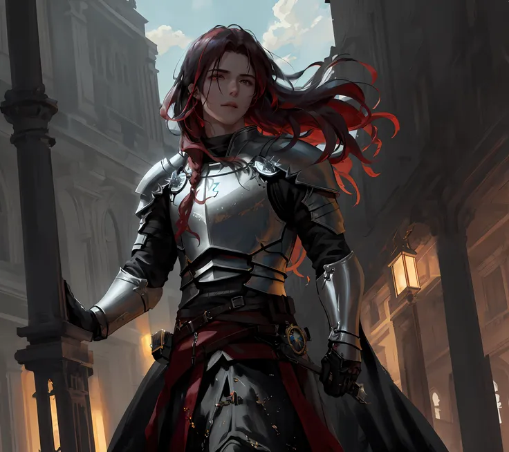 [hyper realistic:(unreal engine):realistic:,0.5,0.99], handsome 1 boy,(handsome face),(Sky), clouds (dark magic: 1.2), evil assassin, mature, domineering,(muscle), Knight costume, oiled skin, upper body, looking at viewer, long hair, red hair, (volumetric ...
