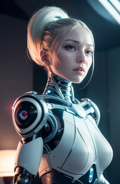 Extremely detailed complex 3d rendering of beautiful porcelain woman face, android face, cyborg, robot parts, 150 mm, beautiful studio soft lighting, border lighting, live detail dynamic, chic cyberpunk, lace, surreal, anatomy, facial muscles, power cables, microchips, elegant, beautiful background, octane rendering, HR Giger style, 8k, best quality, masterpiece, illustration, extremely delicate and beautiful, extremely detailed, CG, uniform, background image, (realistic, actual photo: 1.37), amazing, finely detailed, masterpiece, best quality , official art, ultra detailed CG unity 8k wallpaper, ridiculous, extremely absurd, cyborg, silver hat, full body, sitting