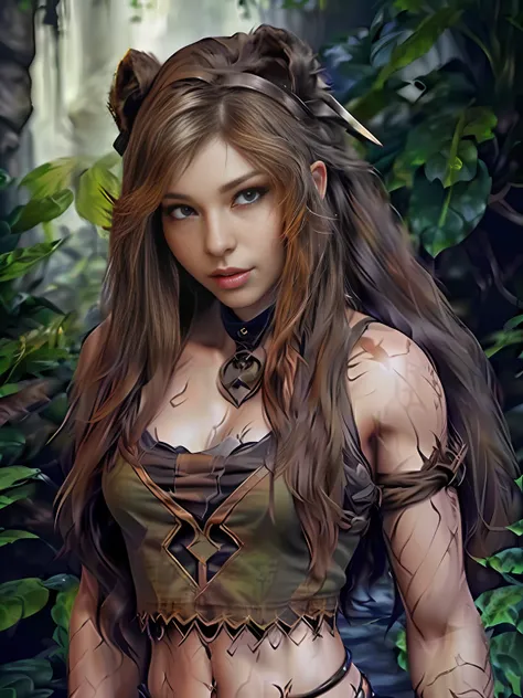 half body angle,cave background,chiaroscuro lighting, Rembrandt lighting, female hunter, exposed midriff, Wearing jungle clothing, with totem painted on face and arms, brown long hair, appropriate muscle definition,set on the ground, heroic posture, realis...