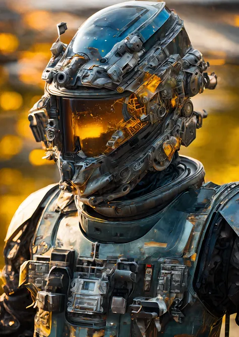 Portrait photo of transparent camo worn mech suit, ((light bokeh)), intricate, ((translucent) liquid water [rust]), elegant, sharp focus, photo by greg rutkowski, soft lighting, vibrant colors, masterpiece, ((streets)), detailed face