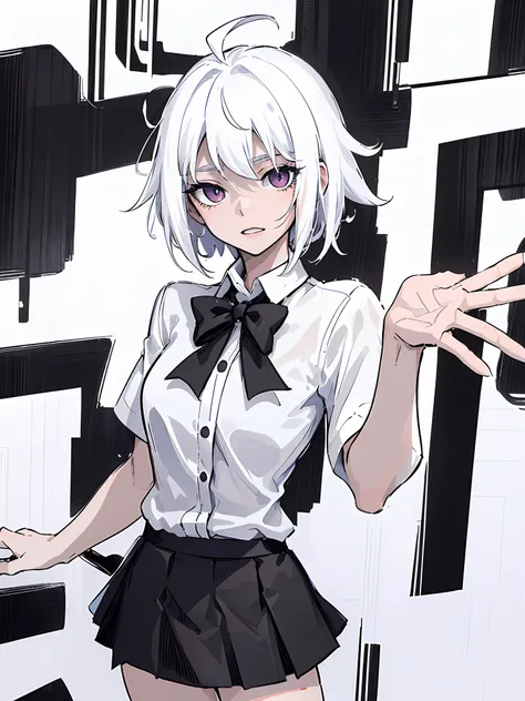 ((masterpiece, best quality)), (1girl), (solo), (female focus), (ahoge, white hair, short hair), black eyes, ((white shirt), (bu...