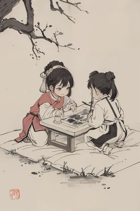 (masterpiece, best quality: 1.2), traditional chinese ink painting, two children