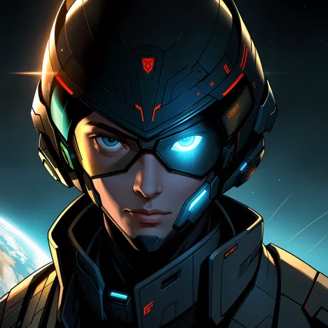 masterpiece, best quality, realistic, ultra detailed, sfw, head shot, a portrait of a young man, starsector, sci-fi style suits, hight-tech gadgets, head facing right,