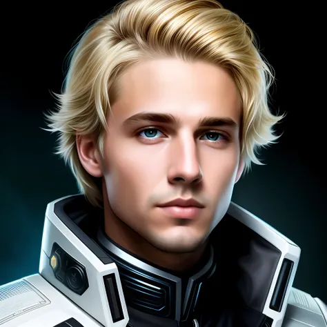 masterpiece, best quality, realistic, ultra detailed, sfw, head shot, a portrait of a young blond man, starsector, sci-fi style ...