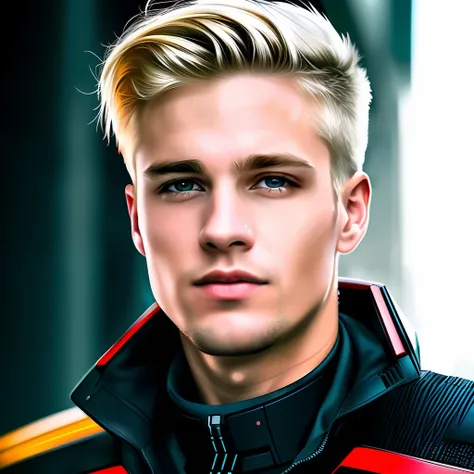 masterpiece, best quality, realistic, ultra detailed, sfw, head shot, a portrait of a young blond man, starsector, sci-fi style ...