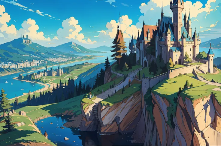 masterpiece, best quality, elf girl on top of a cliff, overlooking a big city with castle at the side of a mountain, aerial view...