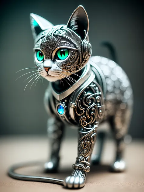 cute kitty made of metal, (cyborg:1.1), ([tail | detailed wire] :1.3), (intricate detail), HDR, (intricate detail, hyper-detailed:1.2), cinematic shot, vignette, centered