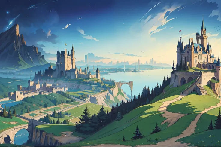 masterpiece, best quality, elf girl on top of a cliff, overlooking a big city with castle at the side of a mountain, aerial view...