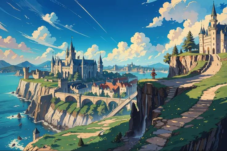 masterpiece, best quality, elf girl on top of a cliff, overlooking a big city with castle at the side of a mountain, aerial view...