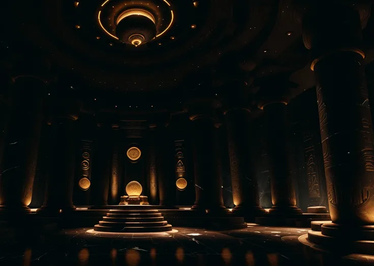 incredible black luxurious futuristic interior in Ancient Egyptian style with lotus flowers, palm trees, hieroglyphics, rocky walls, sand, marble, precious minerals, metals, gemstones, crystals, clouds and water, crocodiles, ultra luxury, black marble – wi...