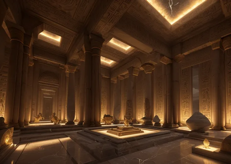 incredible light-colored luxurious futuristic interior in Ancient Egyptian style with lotus flowers, palm trees, hieroglyphics, rocky walls, sand, marble, precious minerals, metals, gemstones, crystals, clouds and water, crocodiles, ultra luxury, black mar...