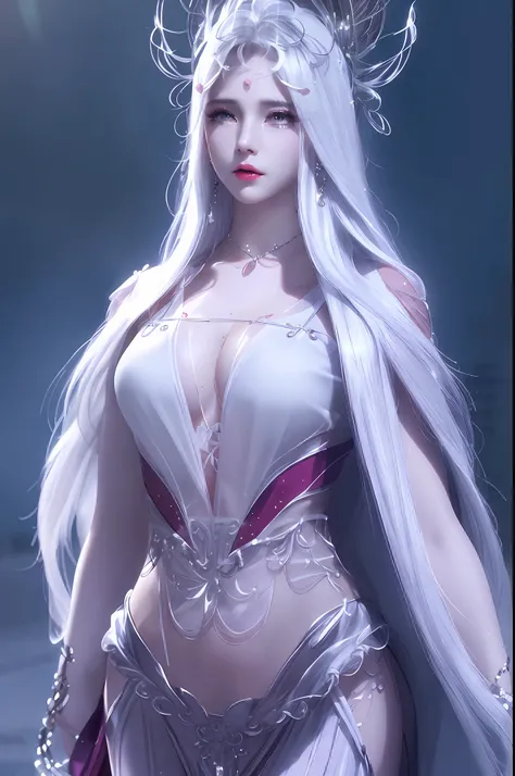 Crying, tears, white hair, delicate hairstyle, a girl wet from the rain, standing on the street, big breasts, open chest, long eyelashes, lip gloss, transparent white shirt, necklace, earrings, top quality, transparent black miniskirt, high resolution rate...
