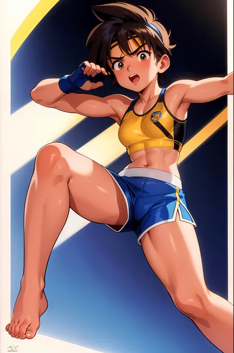 ((masterpiece)), (best quality), 1 girl, muay thai kickboxer girl, short brown hair, black eyes, tanned skin, teenager, lean body, white cropped tube top, (blue shorts), muay thai headband, white fingerless gloves, on the streets, fighting stance, midriff,...